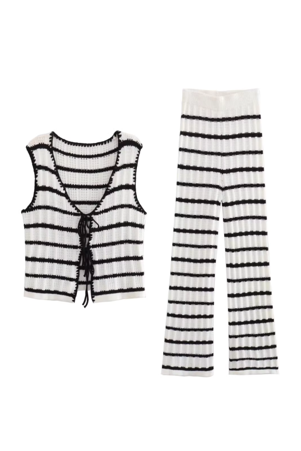 Striped Crochet Sleeveless Top & Straight Trouser